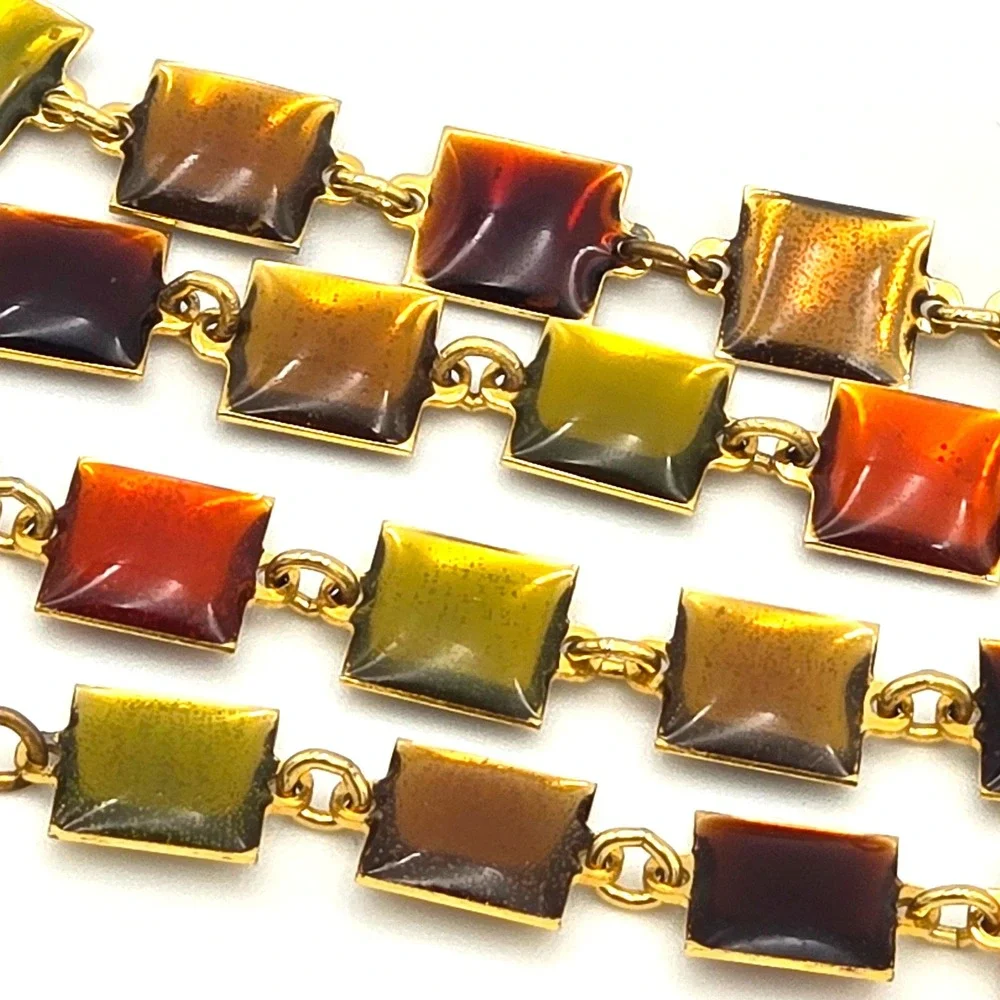Vintage Earth Tone Enamel Square Station Necklace Gold Tone Long 36‎ Inch